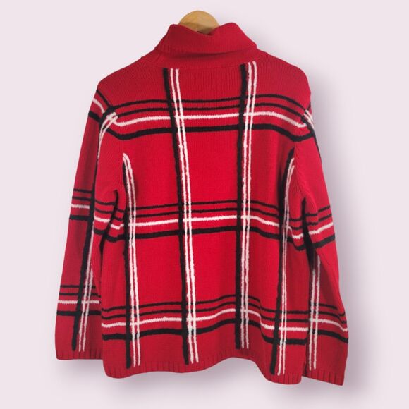 LIZ CLAIBORNE Red Knit Windowpane Plaid Sweater Size L Cotton Blend Turtleneck - Picture 3 of 8